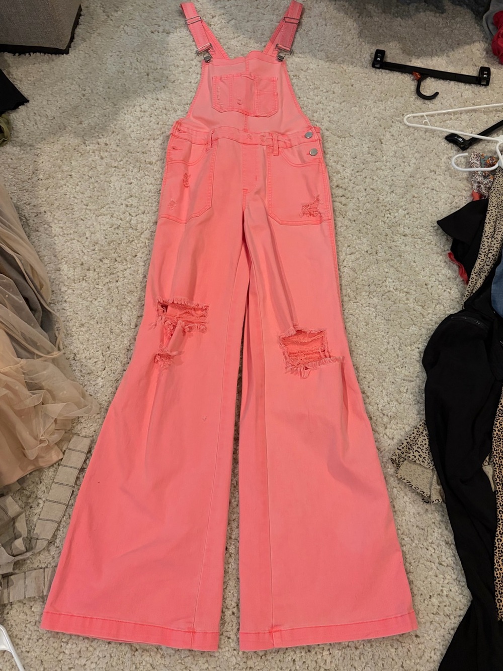 Coral Pink Wide-Leg Distressed Denim Overalls